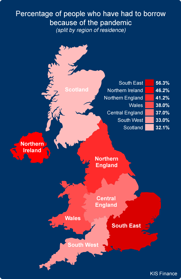 Map showing the percentage of people who have had to borrow because of the pandemic - split by region